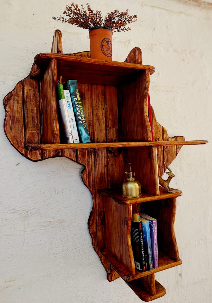 Handcrafted Africa Map Wooden Wall Shelf | Rustic Multi-Tier Display Unit — by Phillip Dube — Home & Living — handmade in South Africa