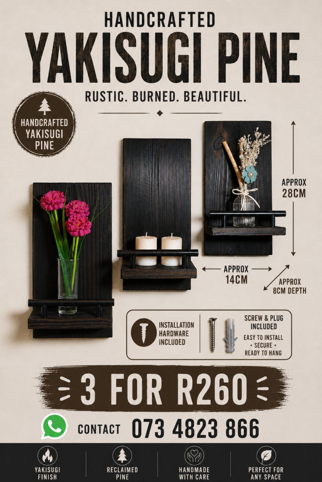 Wall Plant Shelf Yakisugi — by Zaid Ebrahim — Home & Living — handmade in South Africa