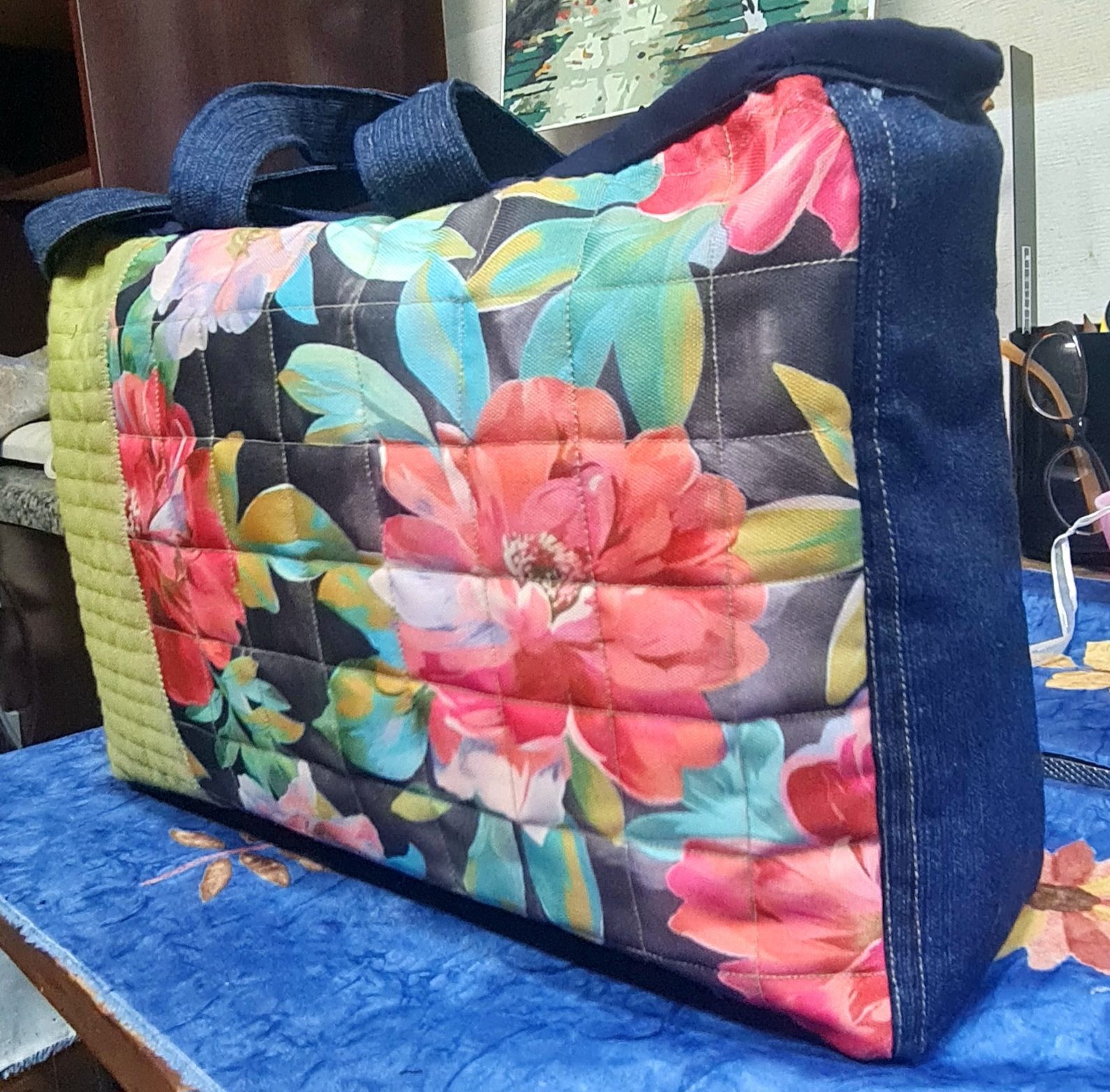 Midnight Bloom – Handmade Quilted Floral & Denim Tote Bag — by Micha'el & Thread — Bags & Purses — handmade in South Africa