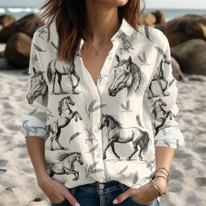 Horse Blouse Shirt, Horse Hawaiian Shirt, Horse Lover Gifts for Equestrians — by Van der Merwe Studio — Clothing & Apparel — handmade in South Africa