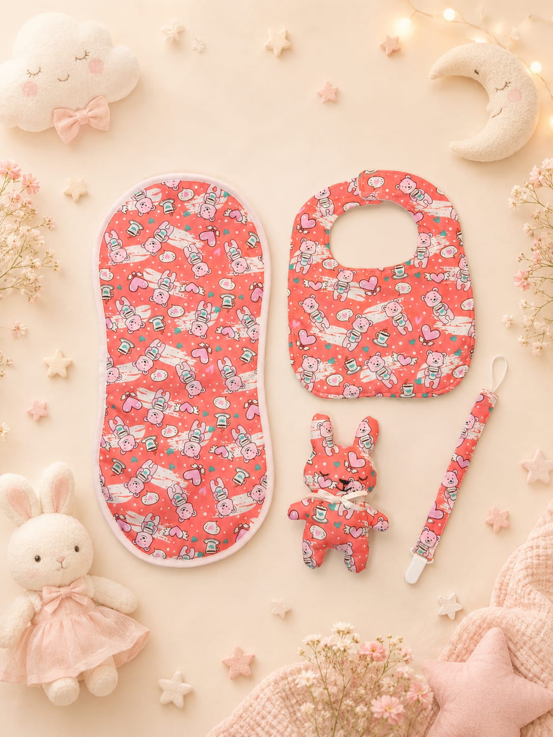 Baby Bib, Burb and dummy clip with a soft bunny — by Simply Shaped by OJF — Home & Living — handmade in South Africa