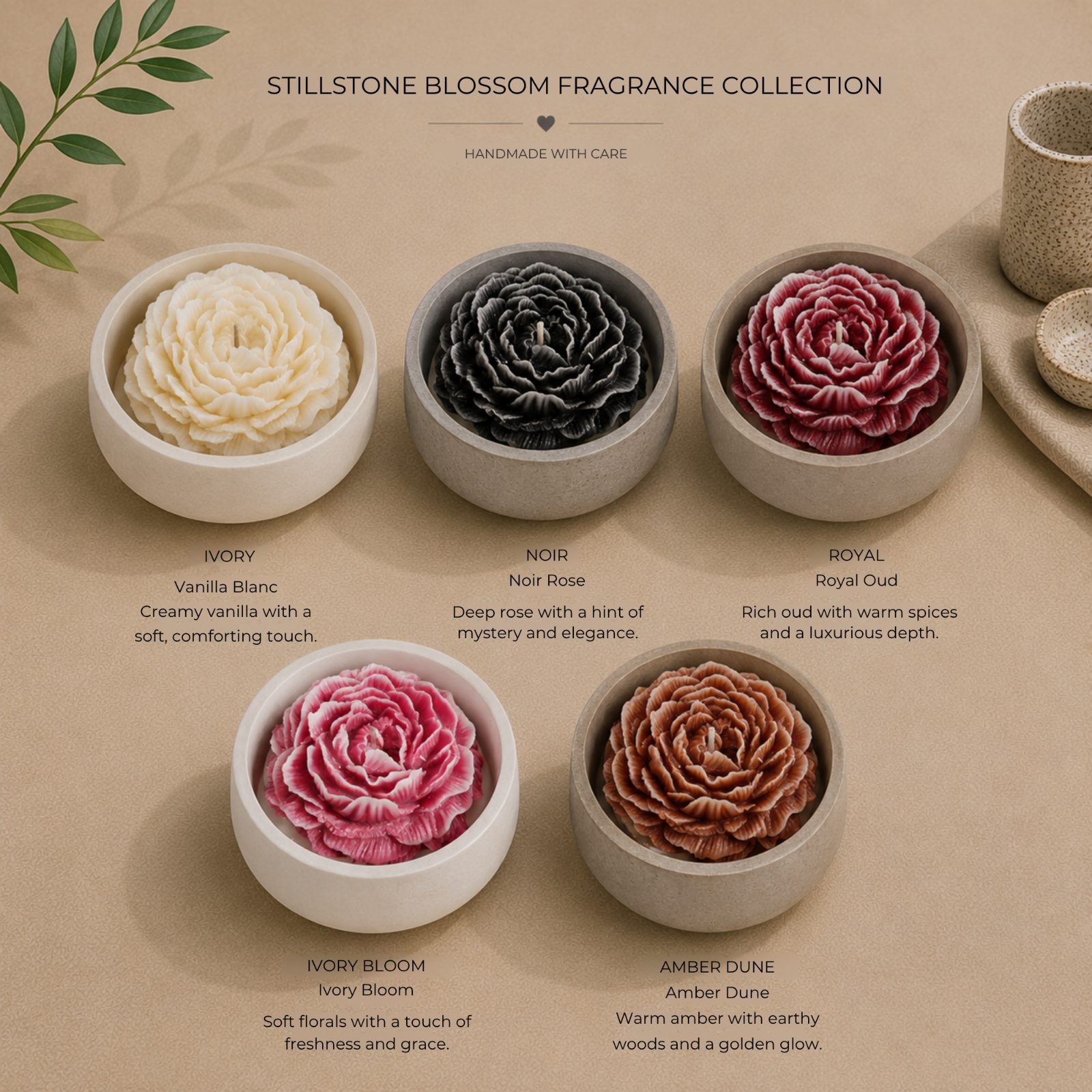StillStone Peony Rose Candle — by Solace and Stone Studio — Home & Living — handmade in South Africa