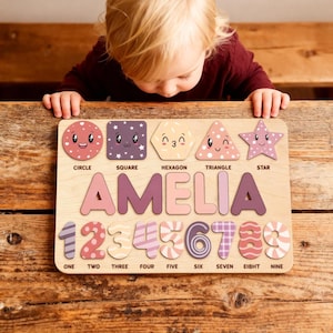 Personalized Wooden Name Puzzle: Shape & Number Sorter with Pegs — by Busy Puzzle — Home & Living — handmade in South Africa