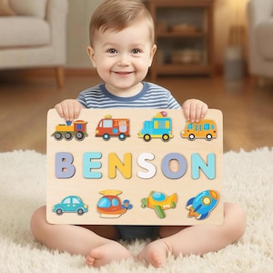 Personalized Wooden Name Puzzle with Cars, Trucks, Planes — by Busy Puzzle — Home & Living — handmade in South Africa