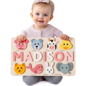 Animals Wooden Name Puzzle, 0-3 Years Old Personalized Gift — by Busy Puzzle — Home & Living — handmade in South Africa