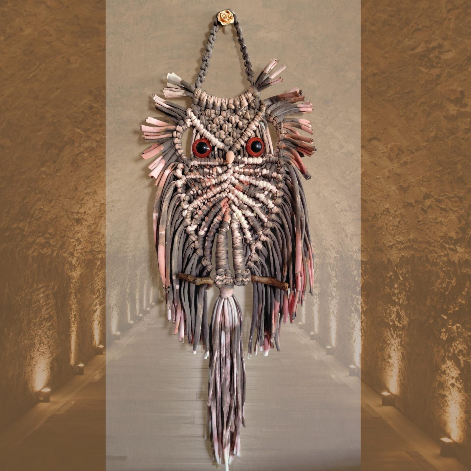 Macramé Boho Owl Wall Hanging - bleached T-shirt cord and natural wood perch — by Athena Authentic Creations — Home & Living — handmade in South Africa