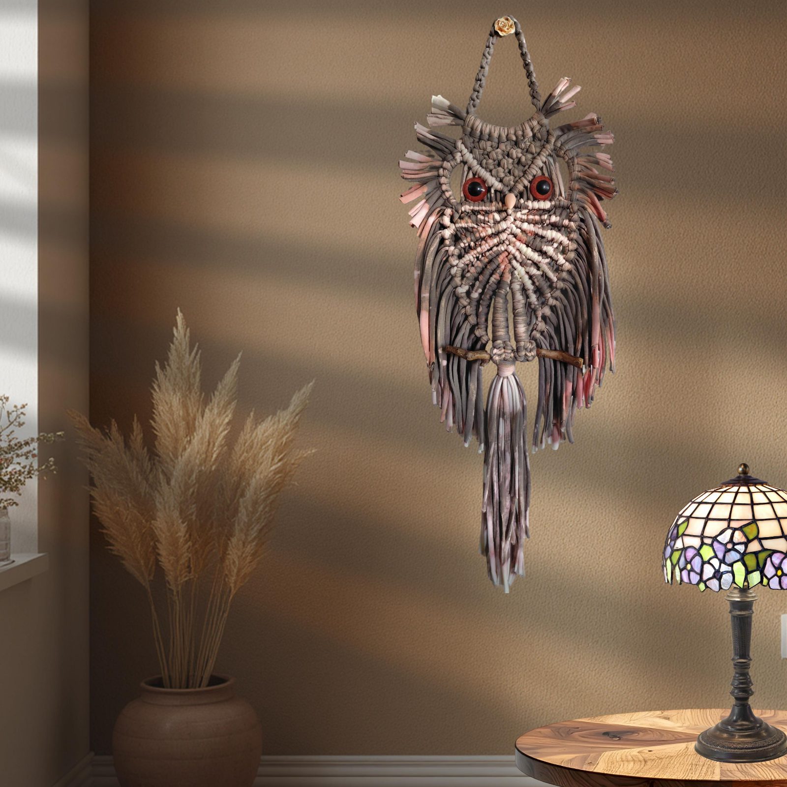 Macramé Boho Owl Wall Hanging - bleached T-shirt cord and natural wood perch — by Athena Authentic Creations — Home & Living — handmade in South Africa