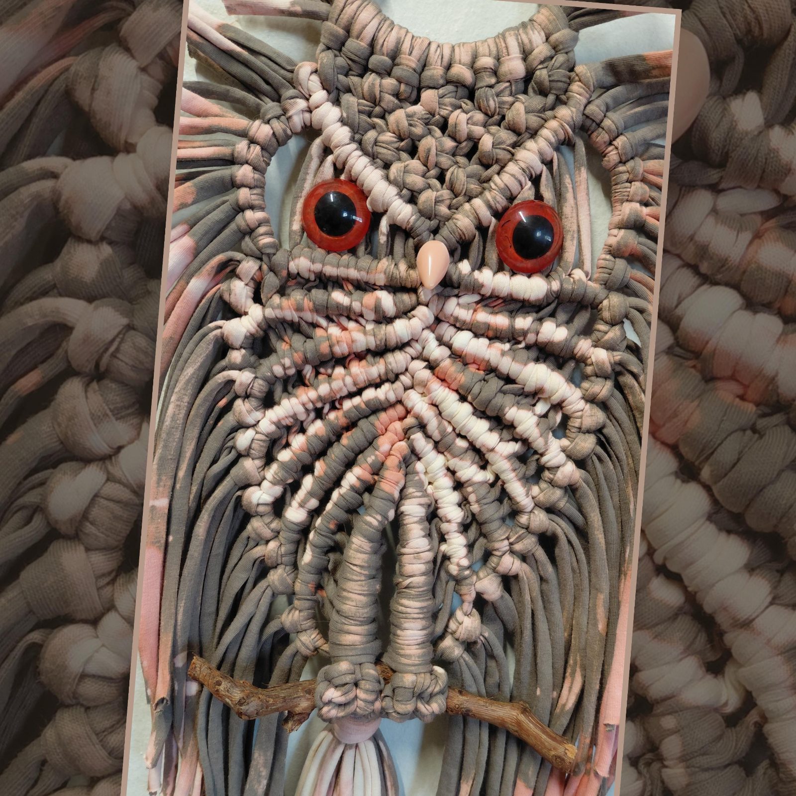 Macramé Boho Owl Wall Hanging - bleached T-shirt cord and natural wood perch — by Athena Authentic Creations — Home & Living — handmade in South Africa