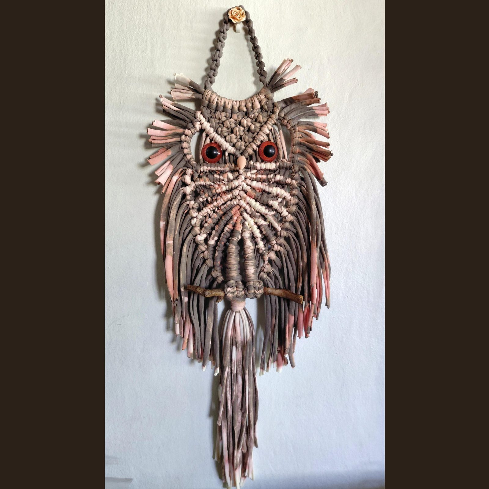 Macramé Boho Owl Wall Hanging - bleached T-shirt cord and natural wood perch — by Athena Authentic Creations — Home & Living — handmade in South Africa