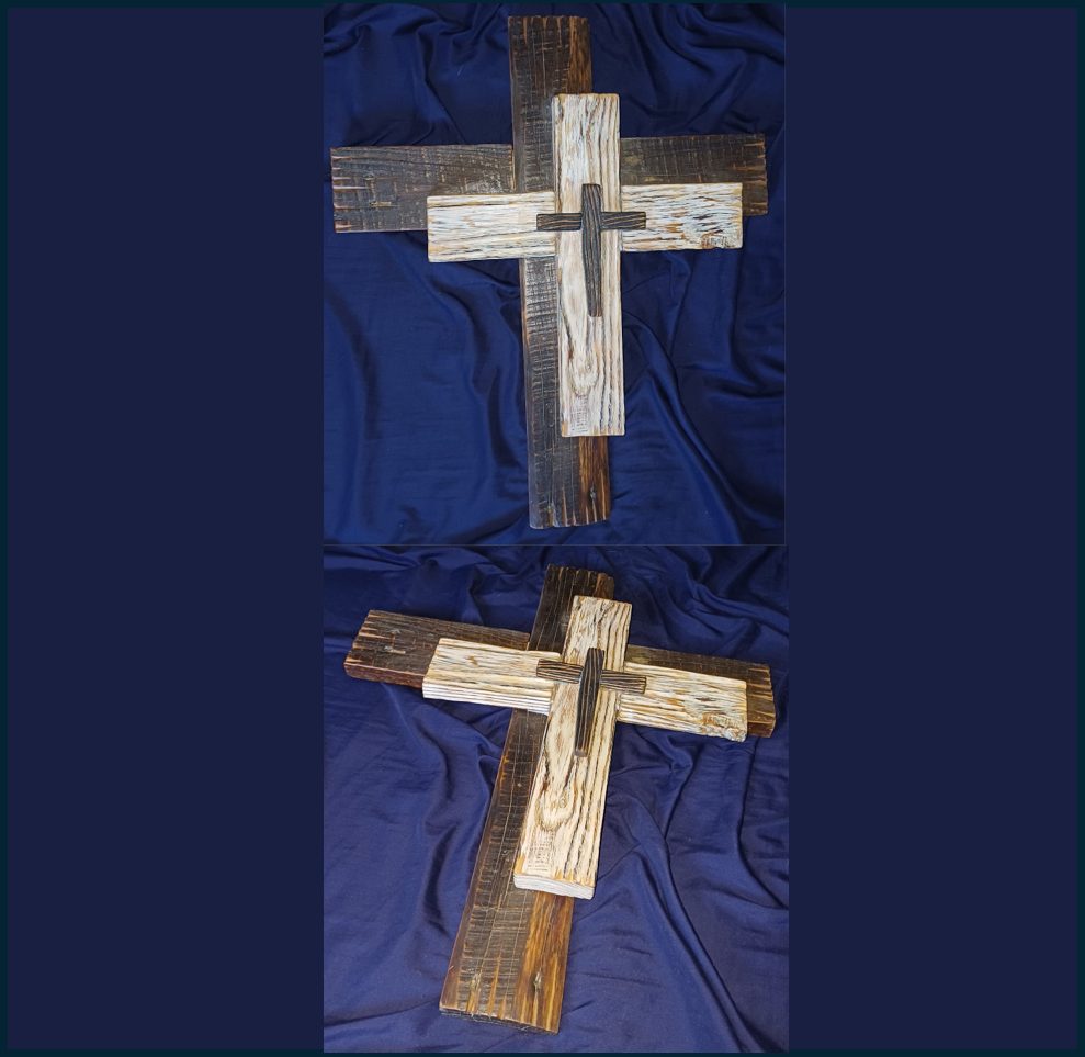 Triple-Layer Multi-Toned Recycled Wood Cross – 3D Wall Art (590x505mm) — by Mari Le Roux — Home & Living — handmade in South Africa