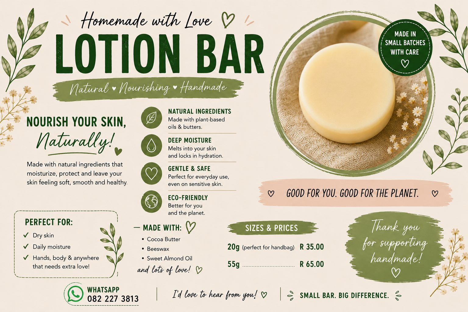 Handcrafted Solid Lotion Bar | Natural Body Moisturizer — by Handcrafted by J | Artisan Skincare — Home & Living — handmade in South Africa