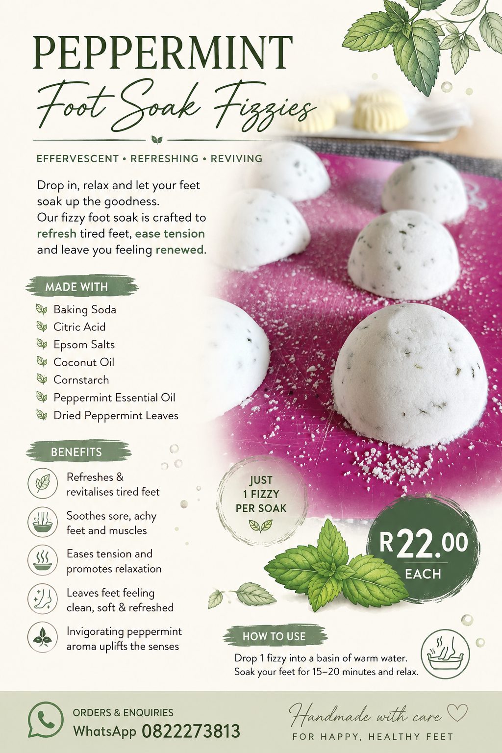 Handcrafted Bath Bombs | Peppermint Foot Soak Fizzies | Handmade Foot Care — by Handcrafted by J | Artisan Skincare — Home & Living — handmade in South Africa
