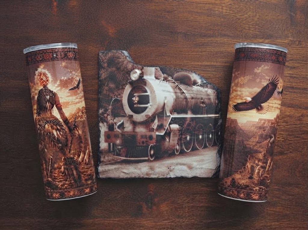 Two 20oz Skinny stainless steel tumbler and one 20cm x 20cm slate rock — by Chrisna Creative Customs — Home & Living — handmade in South Africa